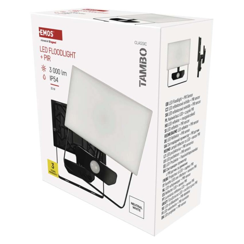 LED reflektor TAMBO s senzorjem gibanja, 30 W, 3000 lm, črn