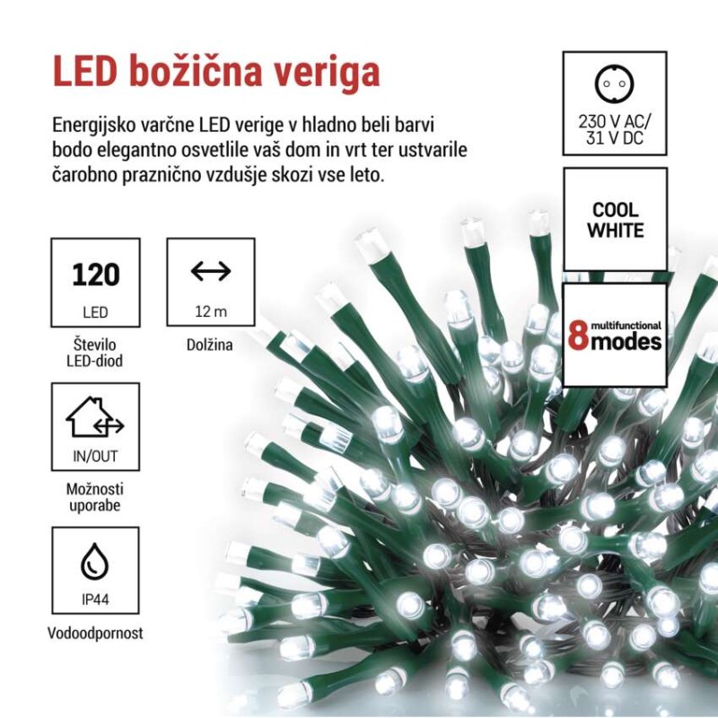 LED božična veriga, 12 m, zunanja in notranja, hladna bela, programi, časovnik - slika 2
