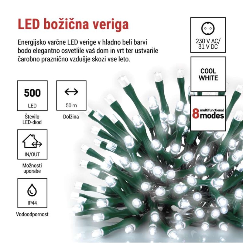 LED božična veriga, 50 m, zunanja in notranja, hladna bela, programi, časovnik - slika 2