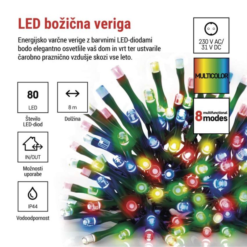 LED božična veriga, 8 m, zunanja in notranja, večbarvna, programi, časovnik - slika 2