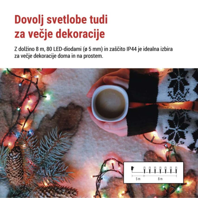 LED božična veriga, 8 m, zunanja in notranja, večbarvna, programi, časovnik - slika 3