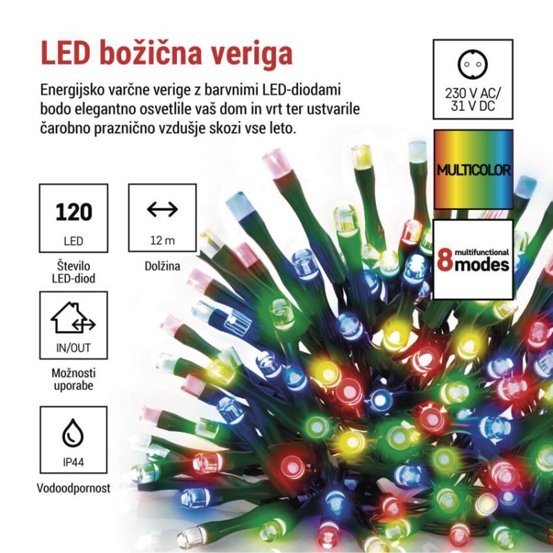 LED božična veriga, 12 m, zunanja in notranja, večbarvna, programi, časovnik - slika 2