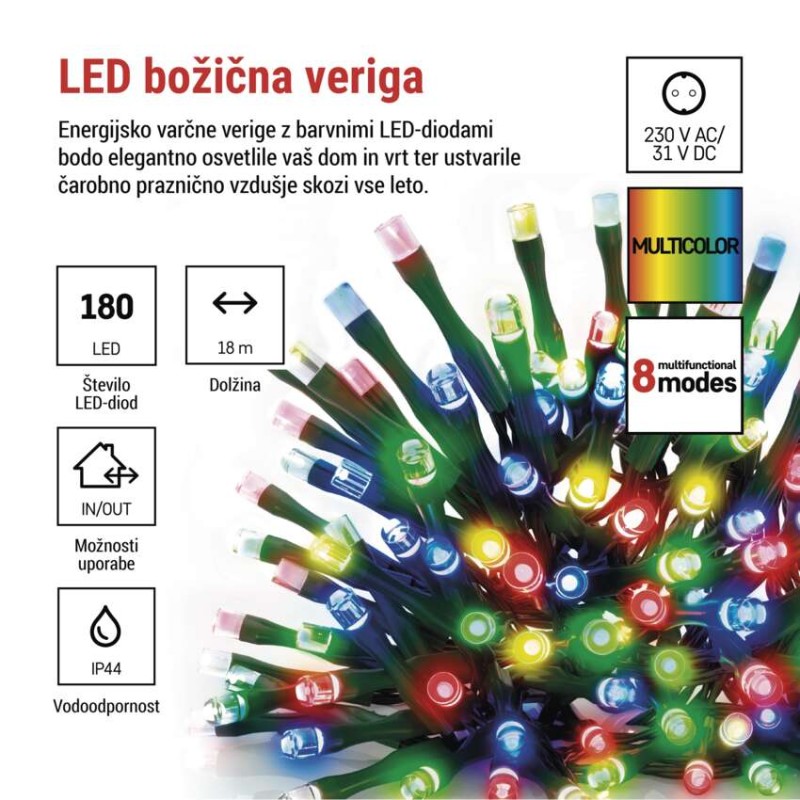 LED božična veriga, 18 m, zunanja in notranja, večbarvna, programi, časovnik - slika 2