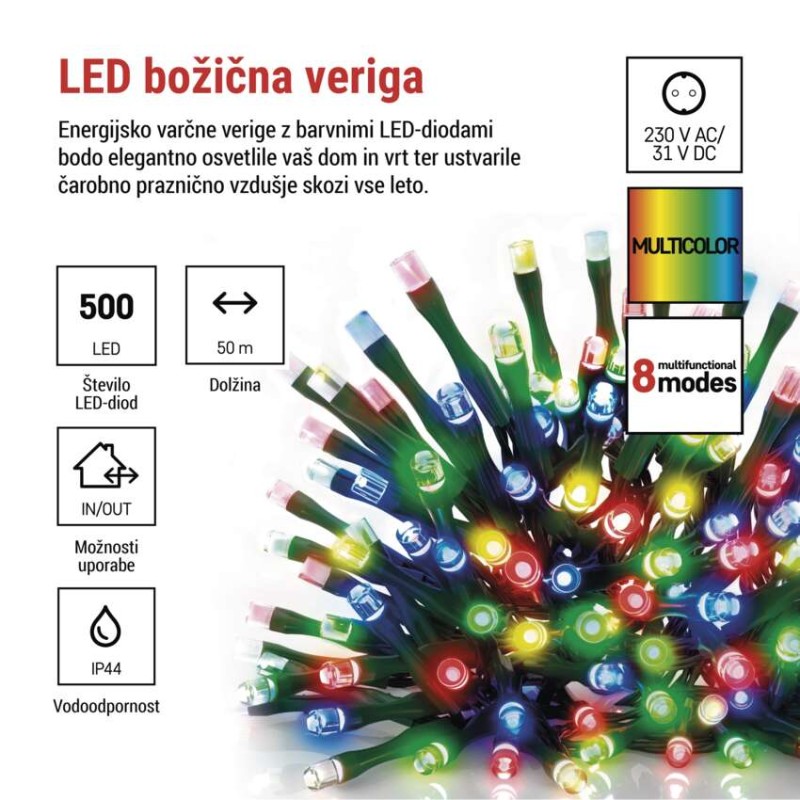 LED božična veriga, 50 m, zunanja in notranja, večbarvna, programi, časovnik - slika 2