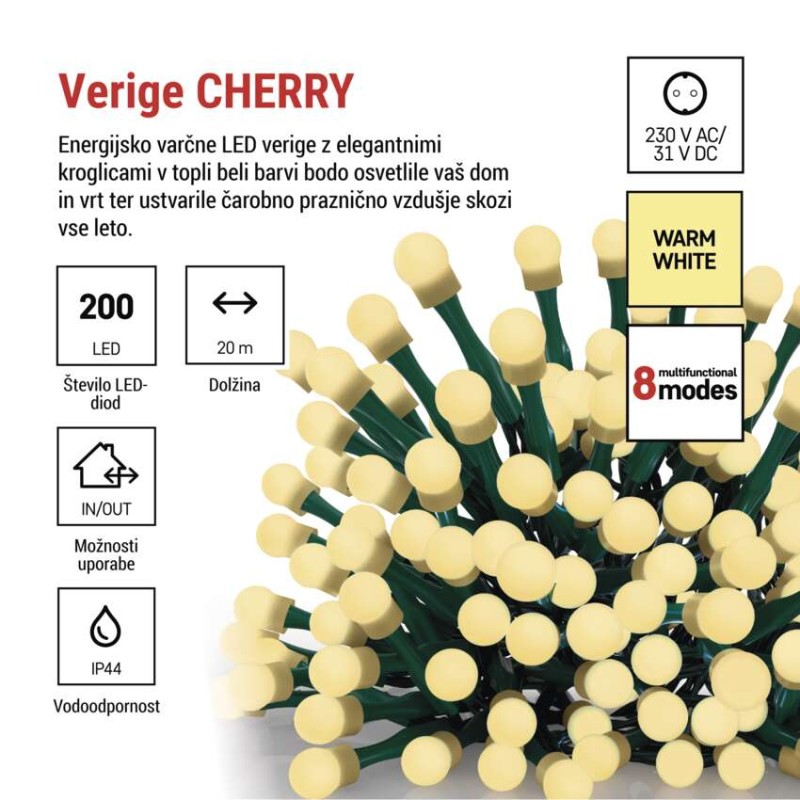 LED božična cherry veriga – kroglice, 20 m, zunan. in notran.,topla bela,programi,časovnik - slika 2