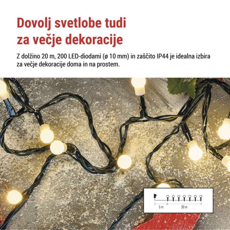 LED božična cherry veriga – kroglice, 20 m, zunan. in notran.,topla bela,programi,časovnik - slika 3