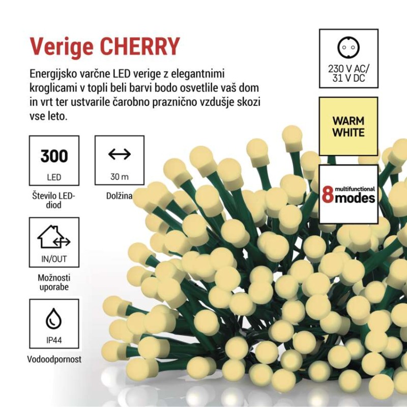 LED božična cherry veriga – kroglice, 30 m, zunan. in notran.,topla bela,programi,časovnik - slika 2