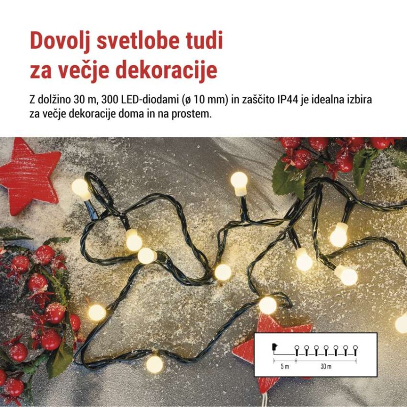 LED božična cherry veriga – kroglice, 30 m, zunan. in notran.,topla bela,programi,časovnik - slika 3