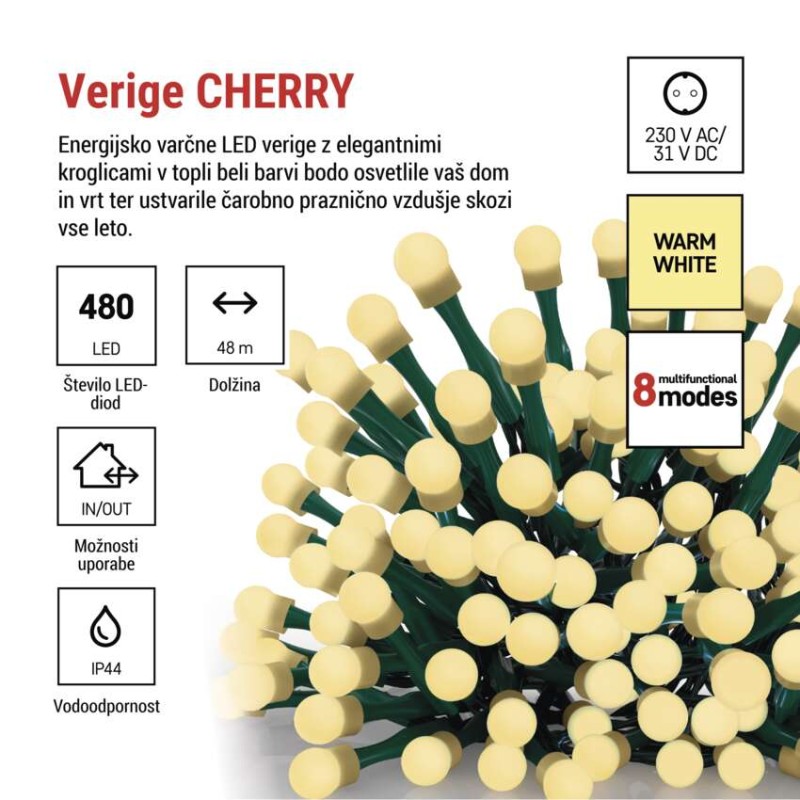 LED božična cherry veriga – kroglice, 48 m, zunan. in notran.,topla bela,programi,časovnik - slika 2