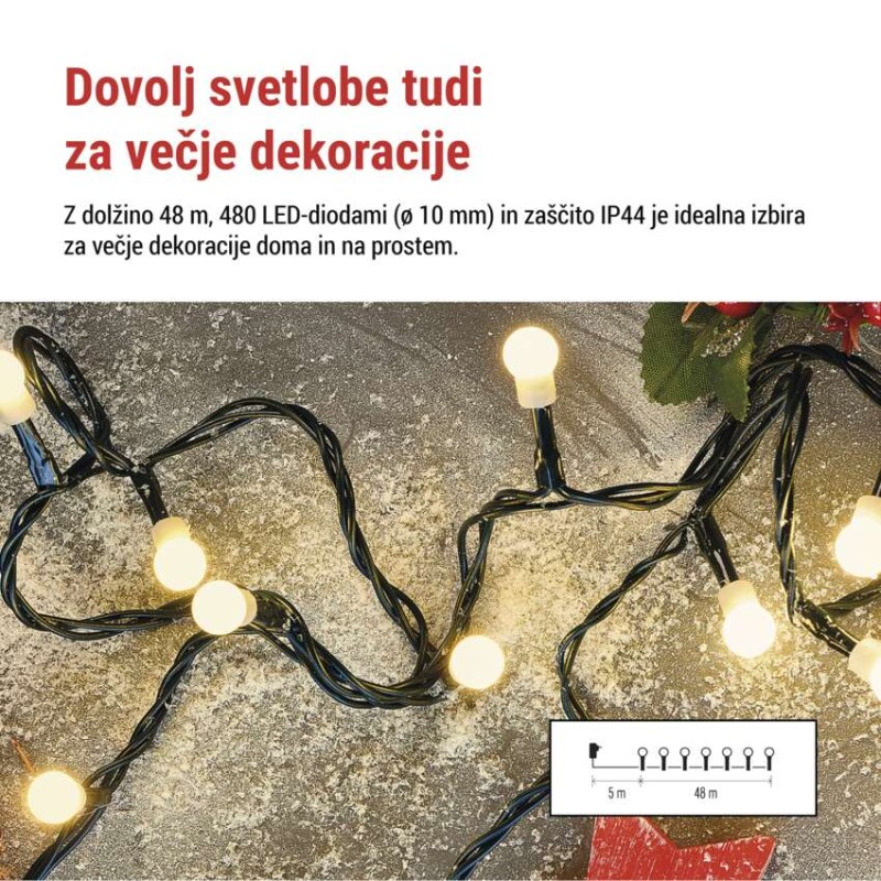 LED božična cherry veriga – kroglice, 48 m, zunan. in notran.,topla bela,programi,časovnik - slika 3
