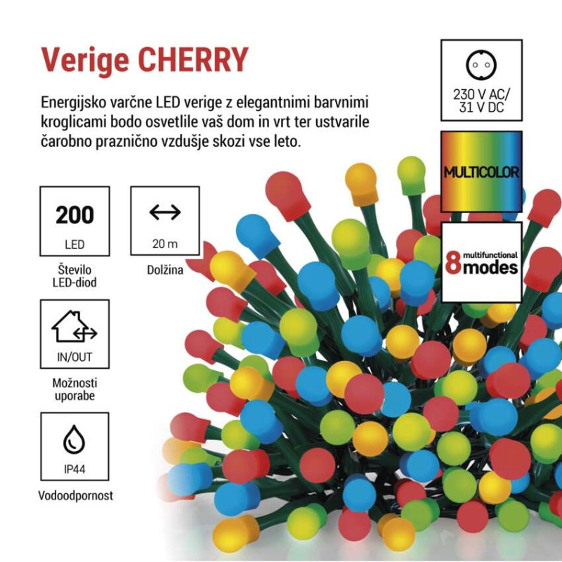 LED božična cherry veriga–kroglice, 20 m, zunanja in notranja, večbarvna,programi,časovnik - slika 2