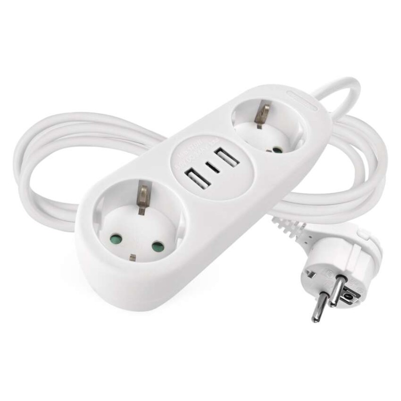 Podaljšek 1,4 m / 2 vtičnic+2×USB-A+1×USB-C / beli / PVC / 1,5 mm2