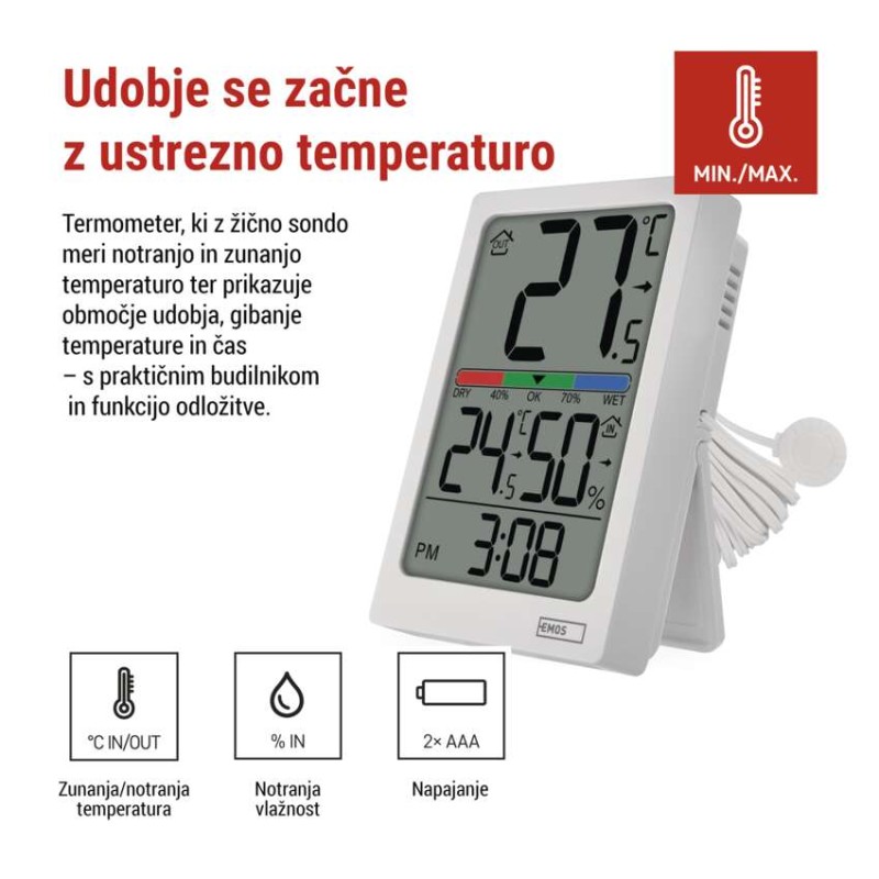Digitalni termometer s hidrometrom, žični senzor, budilka E0558P - slika 3