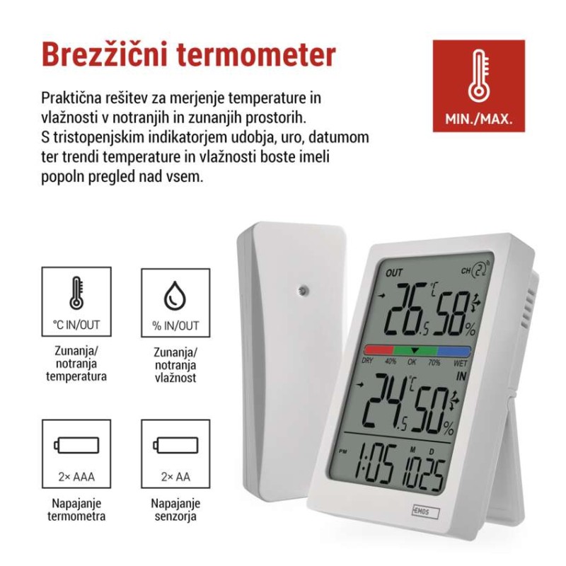 Digitalni termometer s hidrometrom, brezžični senzor, budilka, datum E0558W - slika 3