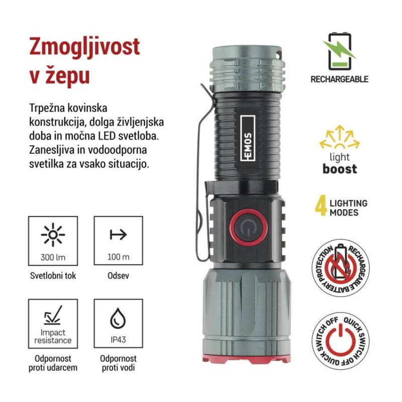 LED Polnilna svetilka kovinska 300 lm, 700 mAh - slika 3