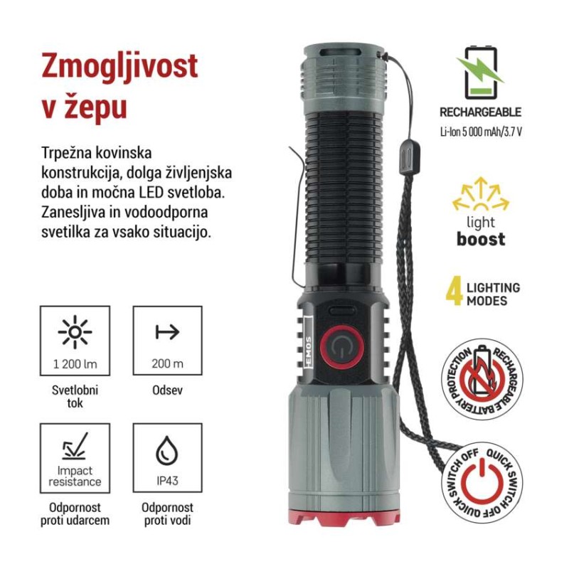 LED Polnilna svetilka kovinska 1200 lm, 2200 mAh - slika 3