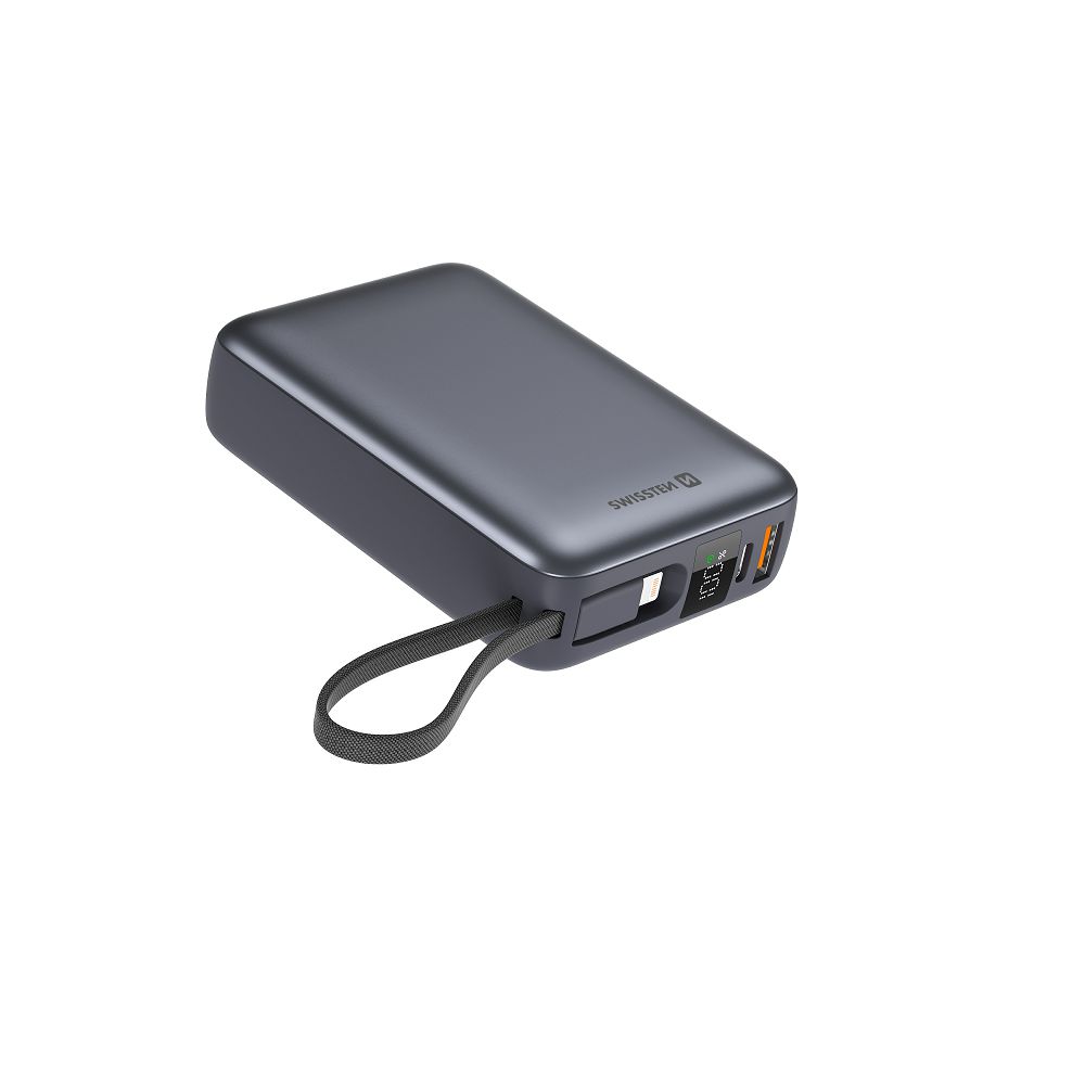 Swissten POWER BANK 20.000 mAh prenosna baterija z vgrajenim USB-C/Lightning kablom