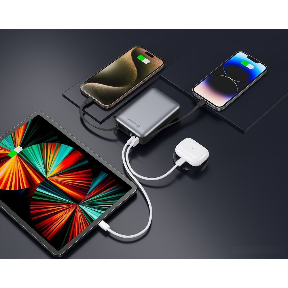 Swissten POWER BANK 20.000 mAh prenosna baterija z vgrajenim USB-C/Lightning kablom - slika 3