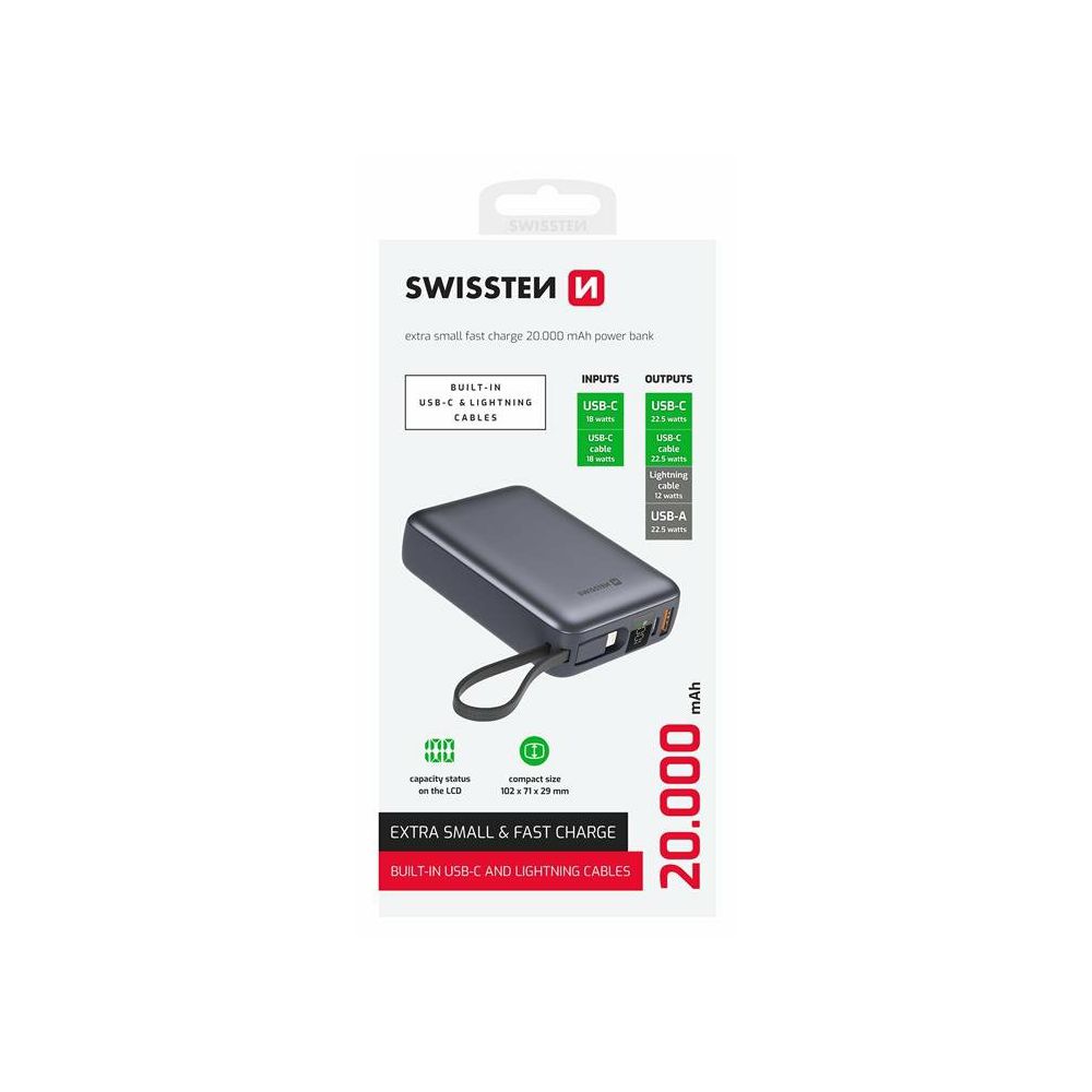 Swissten POWER BANK 20.000 mAh prenosna baterija z vgrajenim USB-C/Lightning kablom - slika 4