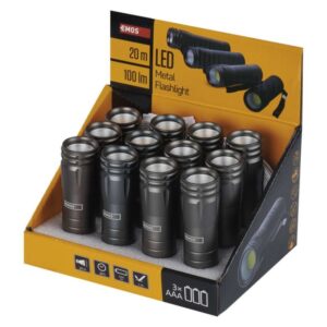 Ročna LED svetilka 3W COB, 100 lm, 3× AAA, kovinska, 12 kos, display box