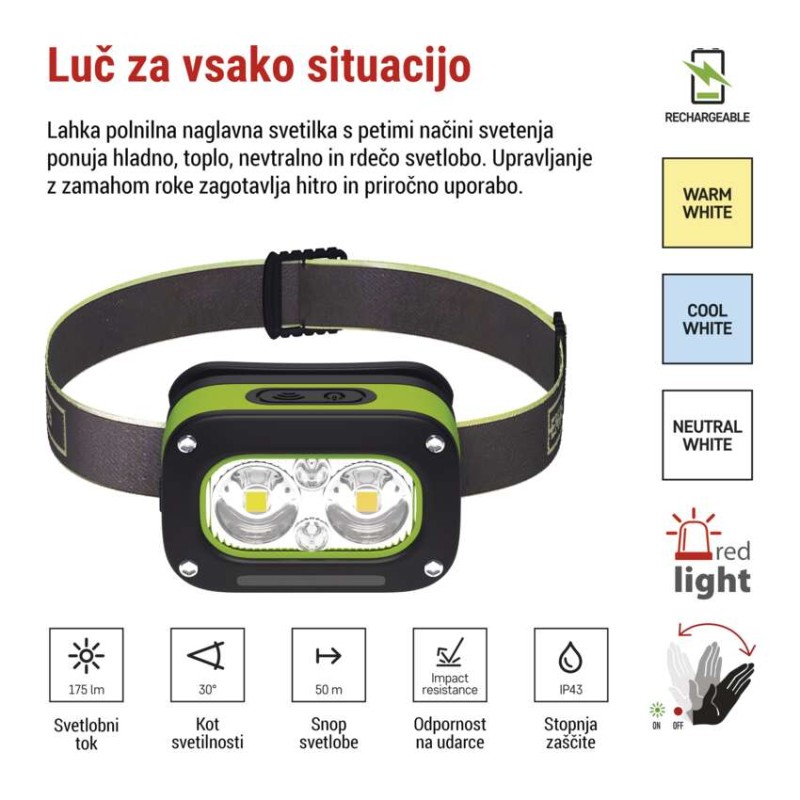 Naglavna polnilna LED svetilka, 175 lm, Li-Pol 800 mAh - slika 3