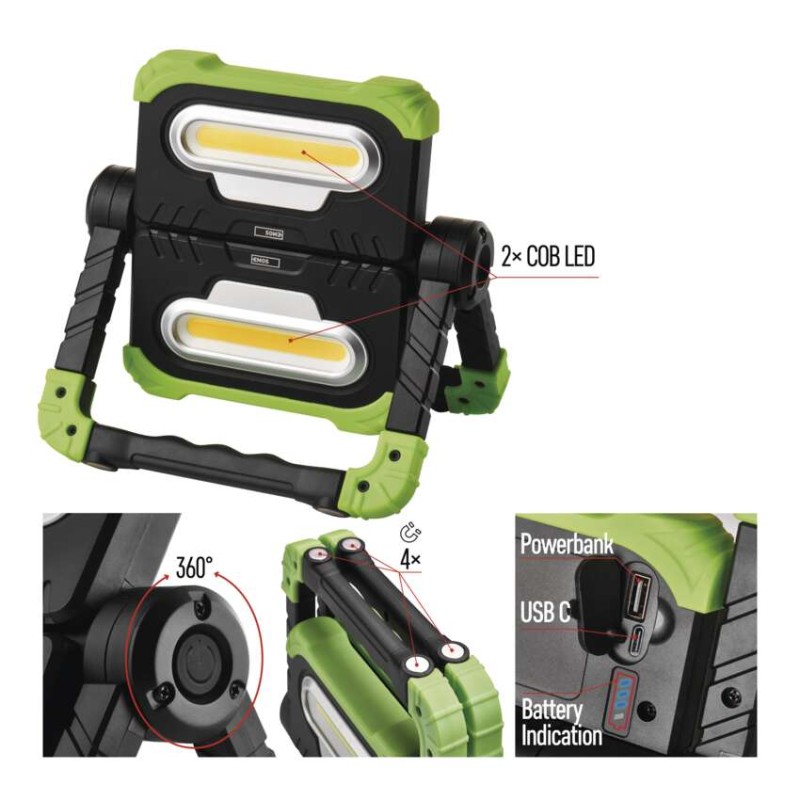 Polnilna LED delovna svetilka 2x COB, 2000 lm, 8000 mAh - slika 3