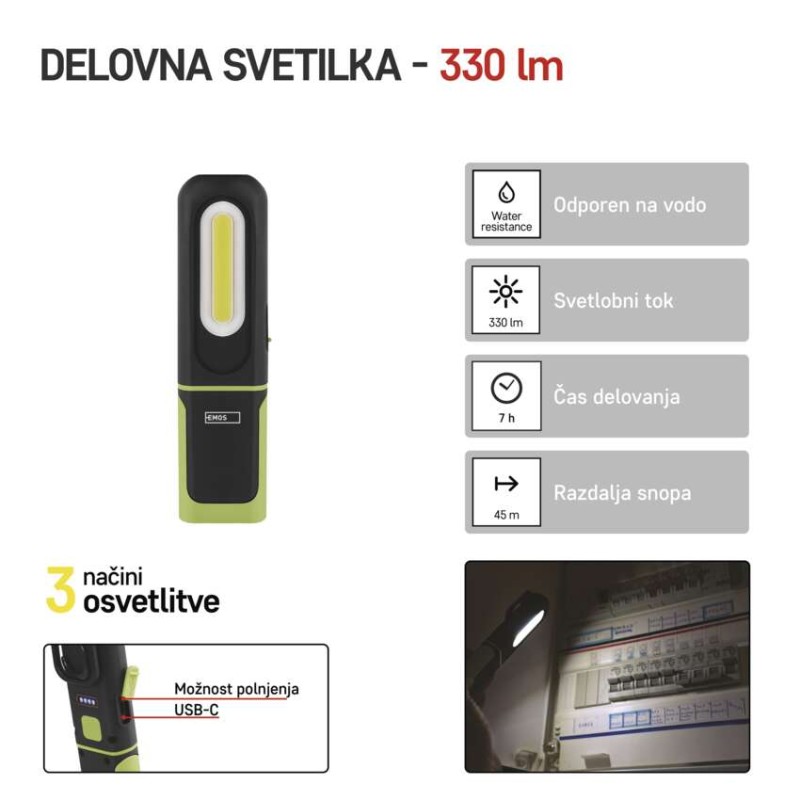Polnilna LED delovna svetilka COB LED + SMD LED, 330 lm, 1200 mAh - slika 2
