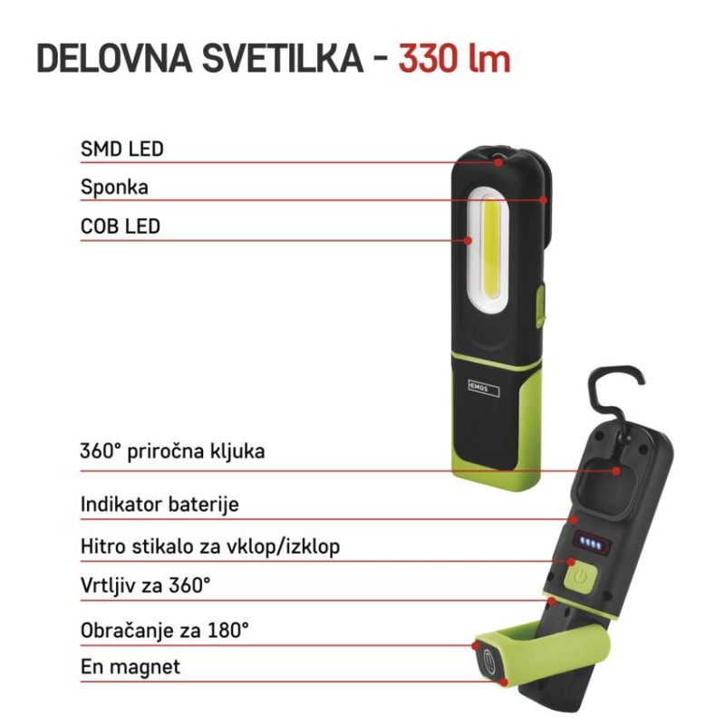 Polnilna LED delovna svetilka COB LED + SMD LED, 330 lm, 1200 mAh - slika 3