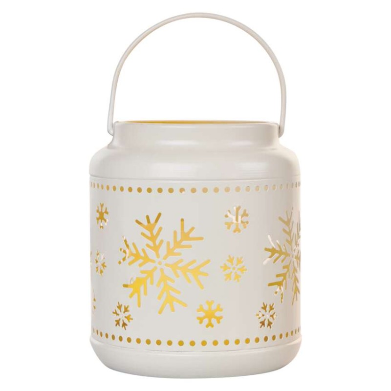 LED dekoracija – laterna s snežinkami kovinska, bela, 14 cm, 3x AAA, notranja, vintage - slika 2