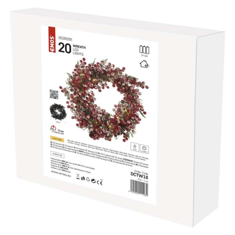 LED okrašen božični venec – 38 cm, 3x AA, notranji, topla bela, časovnik - slika 3