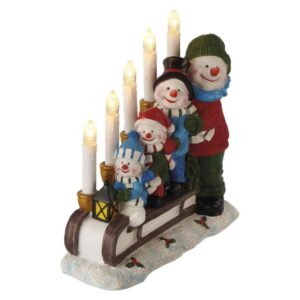 LED svečnik – snežaki na saneh, 24 cm, 2x AA, notranji, topla bela, časovnik