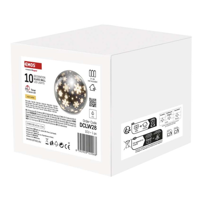 LED božična steklena krogla – snežinke, 12 cm, 3x AA, notranji, topla bela, časovnik - slika 2