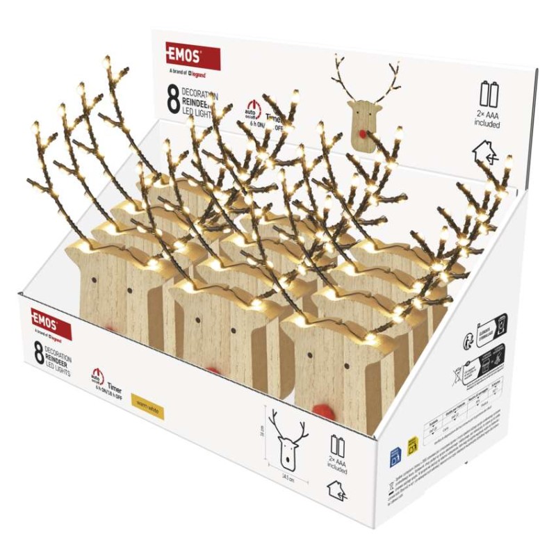 LED lesena dekoracija - severni jelen, 16 cm, 2x AAA, notranja, toplo bela, časovnik