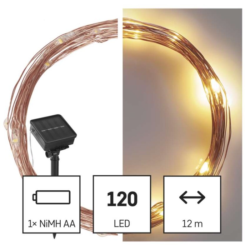 LED nano veriga s sončnim kolektorjem, bakrena, 12 m, zunanja in notr., topla bela, časov. - slika 3