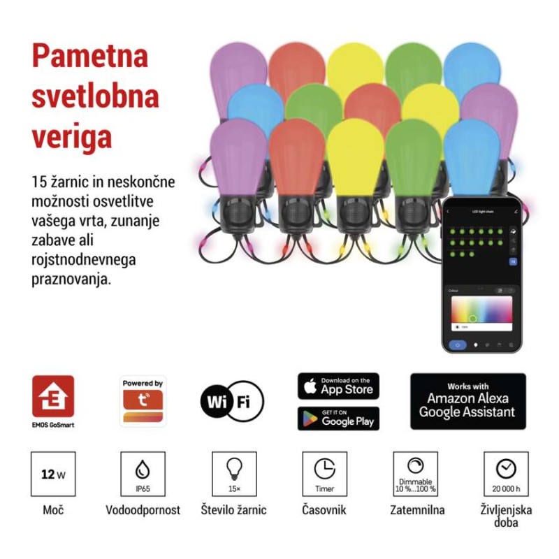 GoSmart LED svetlo. veriga – 15× zabavne žarn., 15m, zunanjo in notranjo upor., RGBIC WiFi - slika 3