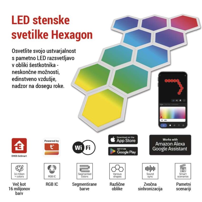 GoSmart LED svetilka Hexagon, začet.kom.10 delov, 19 W, RGBIC z možnostjo zatemnitve, WiFi - slika 3