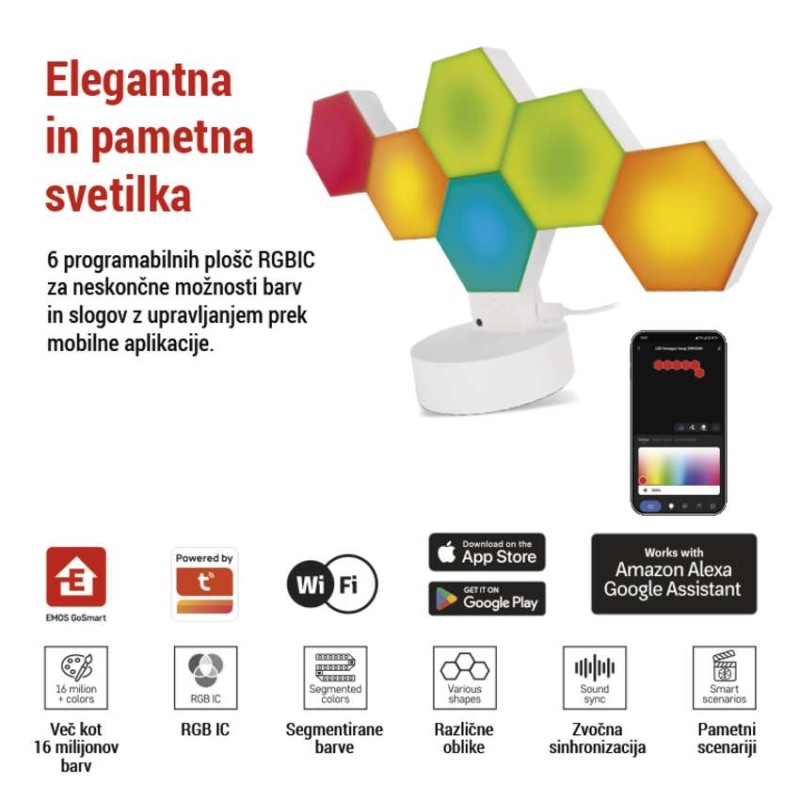 GoSmart LED namizna svetilka Hexagon bela, 6 delov, RGBIC možnost zatemnitve, WiFi - slika 3