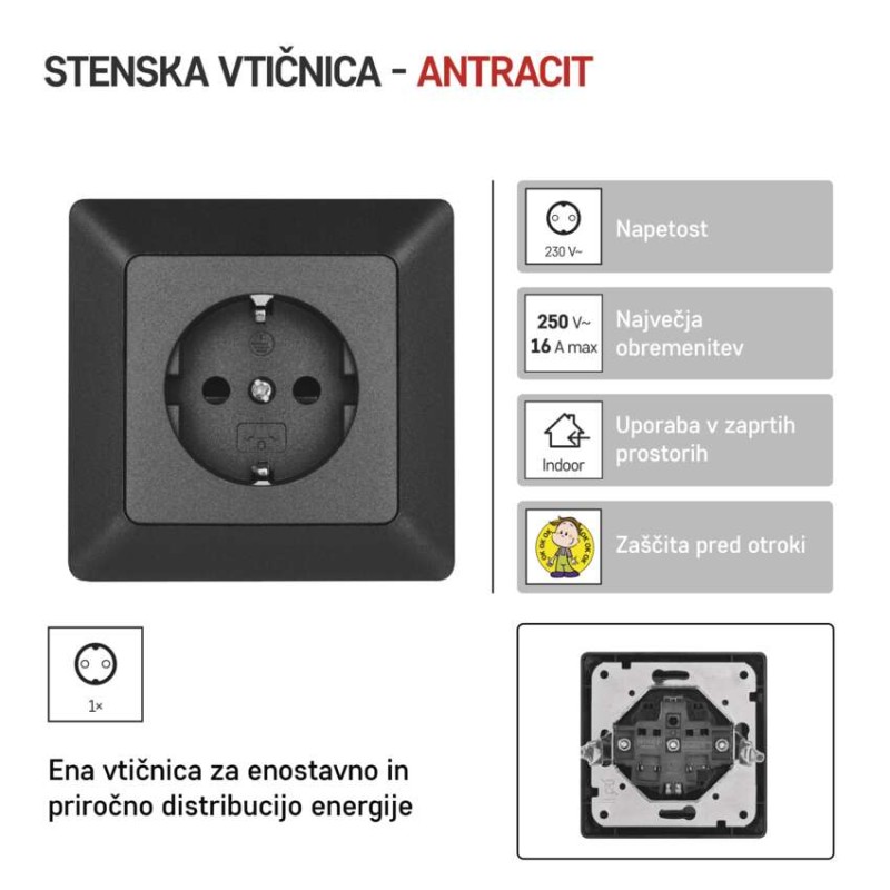 Vtičnica Schuko antracit - slika 2