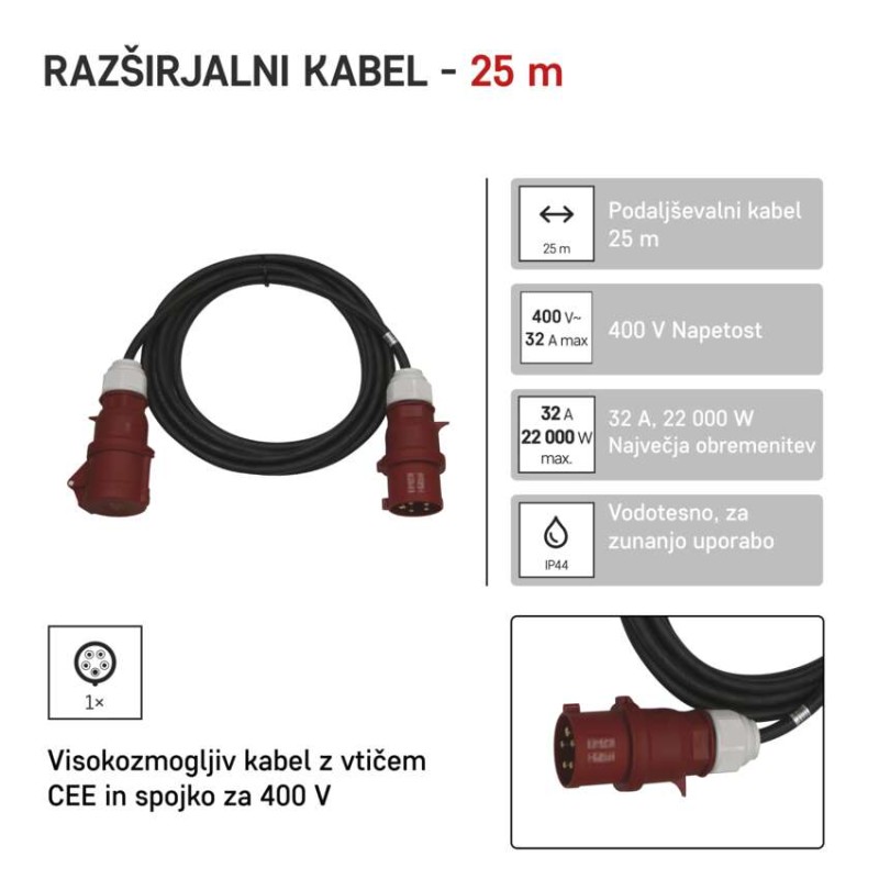 3 fazni zunanji podaljšek 25 m / 1 vtičnica / črni / guma / 400 V / 4 mm2 - slika 2