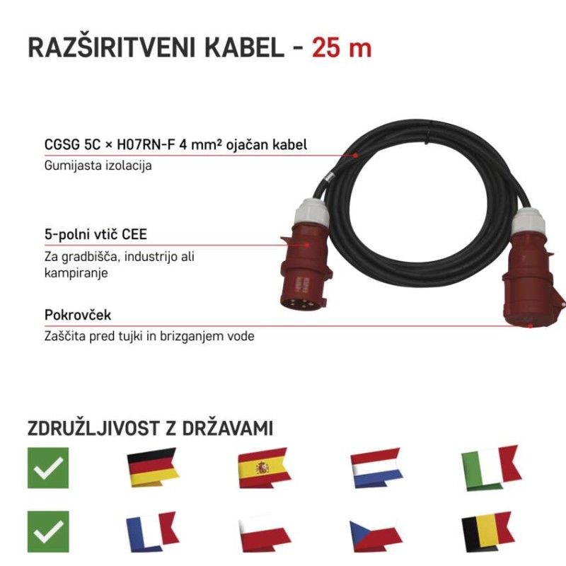 3 fazni zunanji podaljšek 25 m / 1 vtičnica / črni / guma / 400 V / 4 mm2 - slika 3