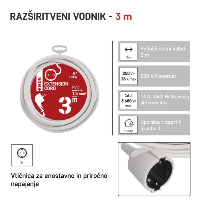 Podaljšek 3 m / 1 vtičnica / beli / PVC / 1,5 mm2 - slika 2