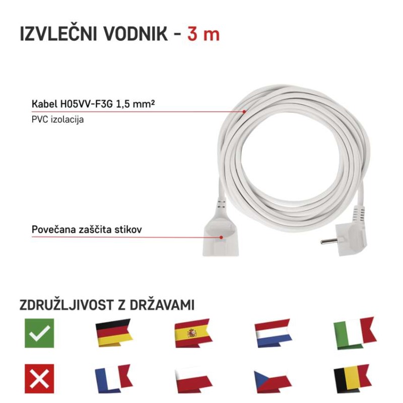 Podaljšek 3 m / 1 vtičnica / beli / PVC / 1,5 mm2 - slika 3
