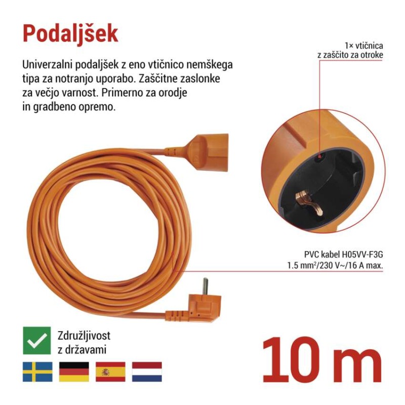 Trožilni podaljšek 10 m / 1 vtičnica / PVC / 230V / 1,5 mm2 - slika 3