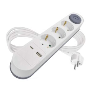 Podaljšek 2 m / 3 vtičnice / s stikalom / beli / 1× USB-A + 1× USB-C / 1,5 mm2