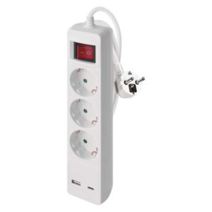 Podaljšek 2 m / 3 vtičnice / s stikalom / beli / 1× USB-A + 1× USB-C / 1,5 mm2
