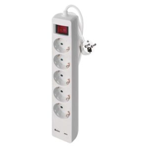 Podaljšek 3 m / 5 vtičnice / s stikalom / beli / 1× USB-A + 1× USB-C / 1,5 mm2