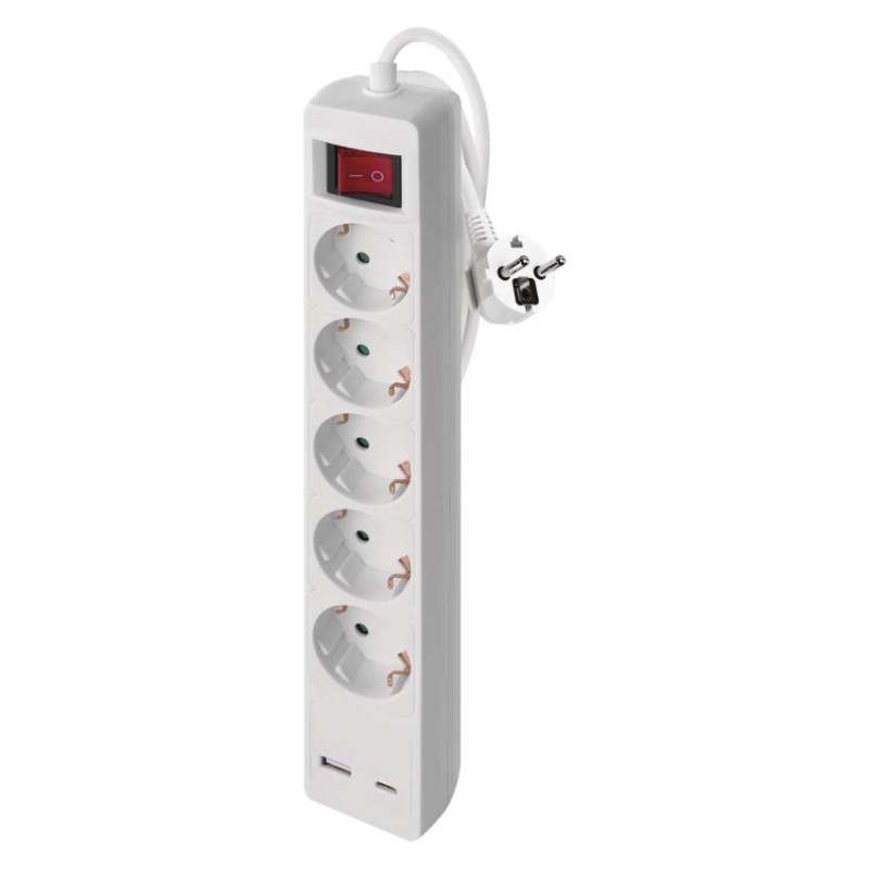 Podaljšek 3 m / 5 vtičnice / s stikalom / beli / 1× USB-A + 1× USB-C / 1,5 mm2
