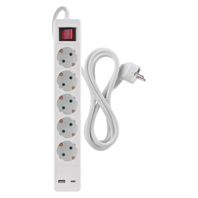 Podaljšek 3 m / 5 vtičnice / s stikalom / beli / 1× USB-A + 1× USB-C / 1,5 mm2 - slika 3