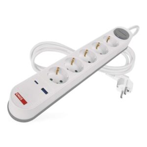 Podaljšek 3 m / 5 vtičnic / s stikalom / belo-siv / 1×USB-A + 1×USB-C / 1,5 mm2