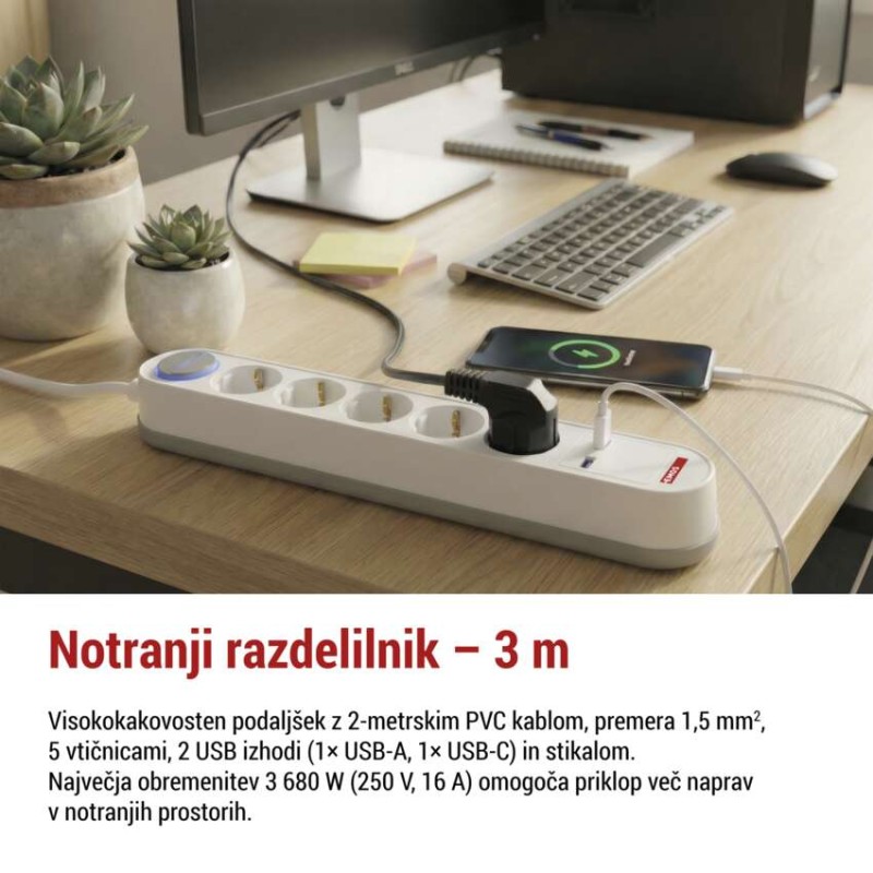 Podaljšek 3 m / 5 vtičnic / s stikalom / belo-siv / 1×USB-A + 1×USB-C / 1,5 mm2 - slika 2
